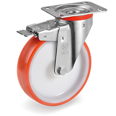 Thermoplastic polyurethane wheels, polyamide 6 centre, swivel top plate bracket type NL with front lock